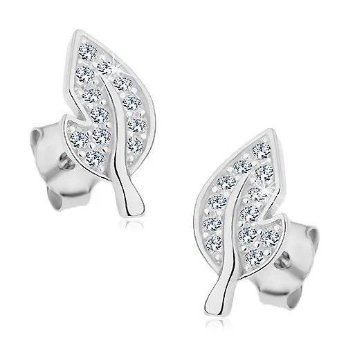 Strieborné náušnice 925, list so žiarivými čírymi zirkónmi a výrezom na boku