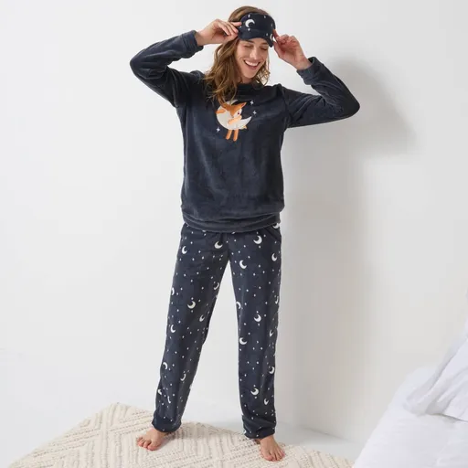 Fleecové pyžamo s motívom srnčeka, dlhými rukávmi a zladenou maskou na spanie