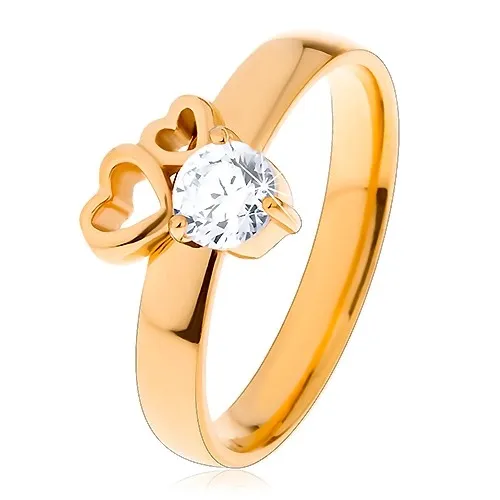 Prsteň z chirurgickej ocele zlatej farby, dva obrysy sŕdc, číry zirkón - Veľkosť: 51 mm