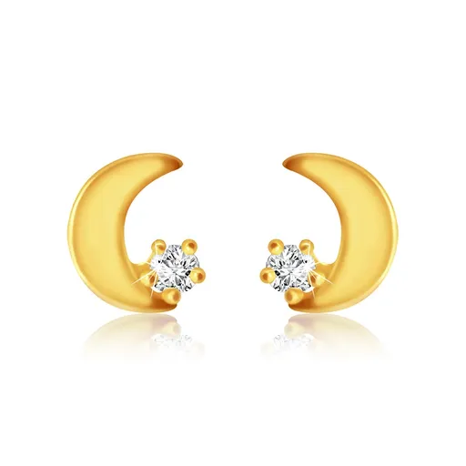 Puzetové náušnice v žltom 14K zlate - plochý mesiačik, okrúhly briliant čírej farby