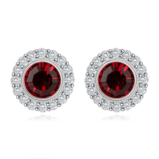 Strieborné 925 náušnice - kvet, červený krištáľ Swarovski, číre zirkóny