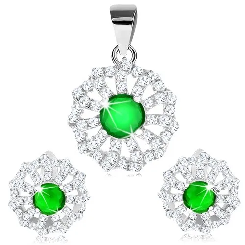 Set prívesku a náušníc, striebro 925, číre zirkónové lupene a zelený stred