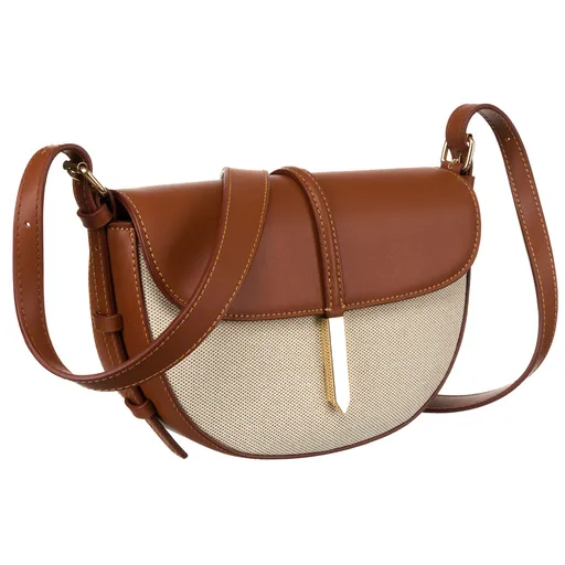 Béžovo-hnedá dámska crossbody taška z prírodnej kože a canvas plátna – polkruhový tvar Peterson