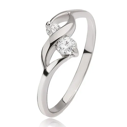 Strieborný prsteň 925 - lesklá vlnka, dva okrúhle číre kamienky v kotlíkoch - Veľkosť: 57 mm