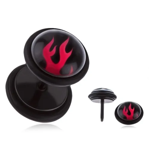 Falošný plug do ucha - oceľový, červené plamene
