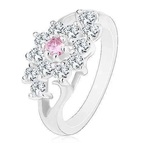 Prsteň s lesklými rozdelenými ramenami, číry kvietok s ružovým stredom - Veľkosť: 49 mm