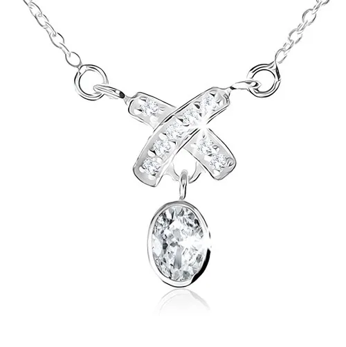 Náhrdelník zo striebra 925, prívesok "X" a visiaci ovál, číre zirkóny