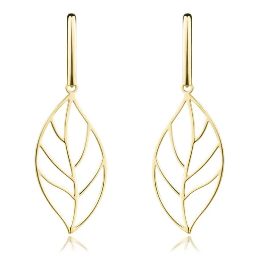 Náušnice zo žltého 14K zlata - vyrezávaný list na stonke, puzetky