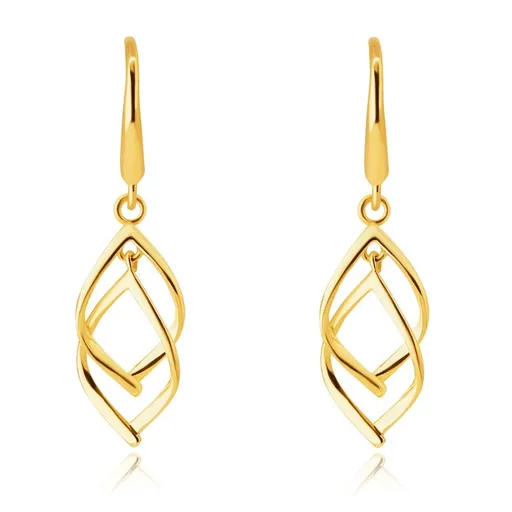 Visiace zlaté 14K náušnice - obrysy dvoch vzájomne prepletených listov, afroháčik