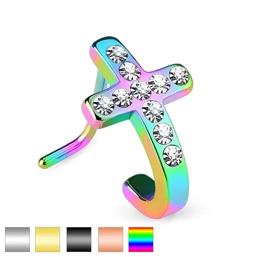 Zahnutý oceľový piercing do nosa, kríž so vsadenými čírymi zirkónikmi - Farba piercing: Strieborná