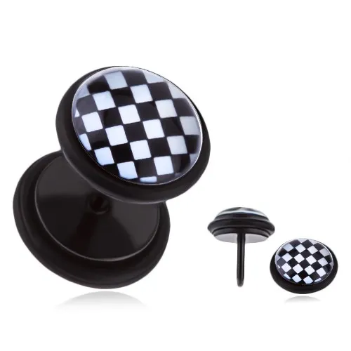 Okrúhly oceľový fake plug - čierno-biela šachovnica, glazúra