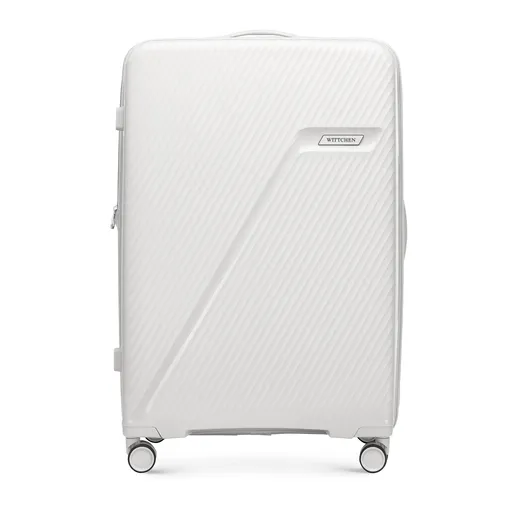 Veľký polypropylénový kufor s diagonálnymi pruhmi, biely a strieborný 56-3T-503-89