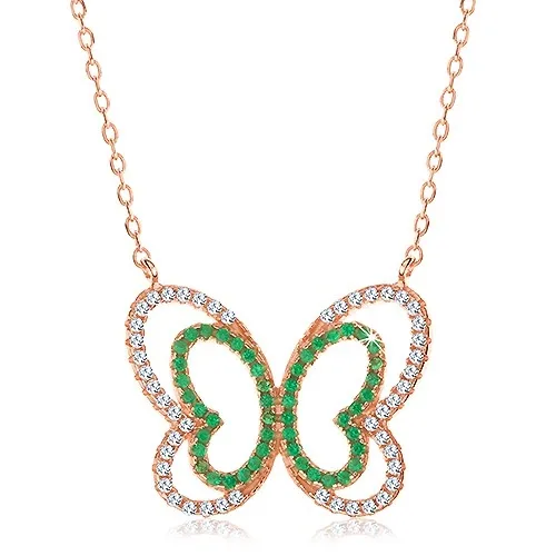 Náhrdelník zo striebra 925, medený odtieň, trblietavá zeleno-číra kontúra motýľa