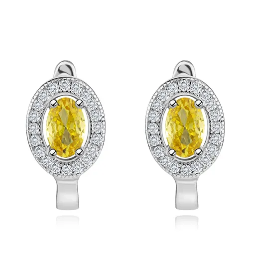 Strieborné náušnice 925, oválny zirkón jantárovej farby, drobné číre zirkóny