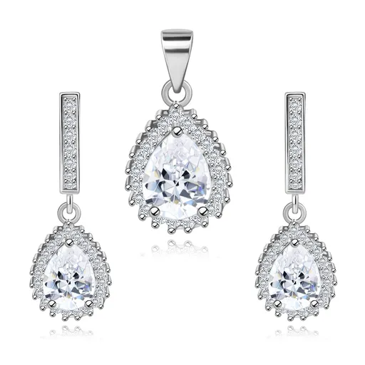 Strieborný 925 set, náušnice a prívesok, zirkónová kvapka, ligotavý lem