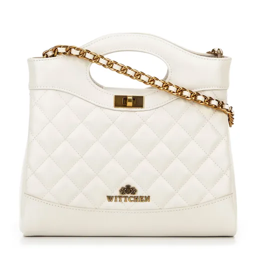 Prešívané kožené mini puzdro na retiazke, krémové 100-4E-230-0