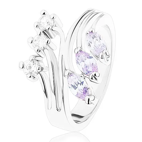 Prsteň s lesklým rozvetvenými ramenami, číre a svetlofialové zirkóny - Veľkosť: 52 mm