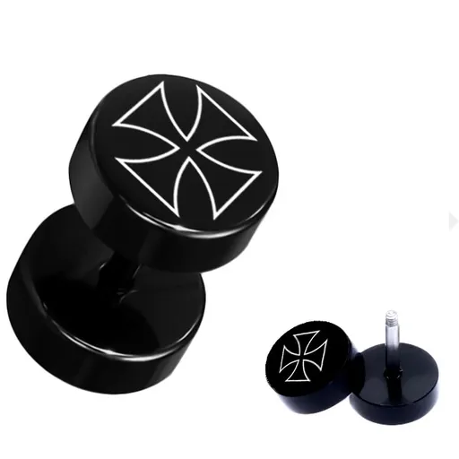 Čierny fake plug z akrylu - okrúhly, kontúra maltézskeho kríža