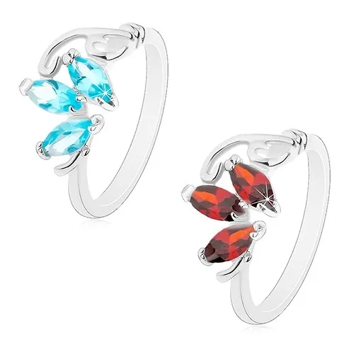 Prsteň v striebornom odtieni, tri brúsené zrnká, tenké zahnuté línie - Veľkosť: 52 mm, Farba: Červená