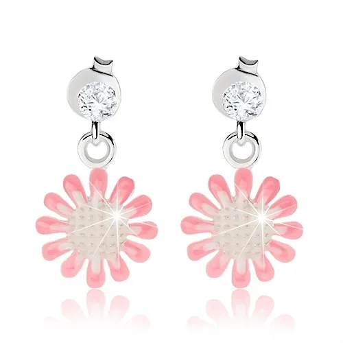 Strieborné náušnice 925, kvietok s bielou a ružovou glazúrou