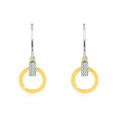 Náušnice v kombinovanom zlate 585 - pás, tenký kruh, zirkónový obdĺžnik