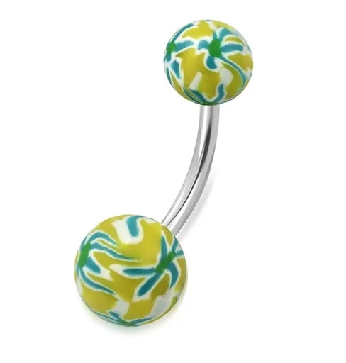 Piercing do brucha, chirurgická oceľ a FIMO - guličky žltej farby s farebnými kvetmi