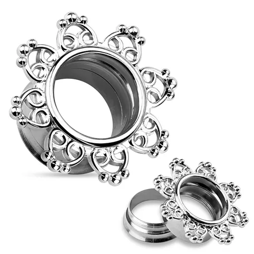 Tunel do ucha z ocele 316L, strieborná farba, ozdobne vyrezávaný kvet - Hrúbka: 10 mm