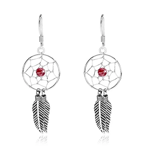 Visiace náušnice zo striebra 925, okrúhly lapač snov, tmavočervená korálka, 15 mm