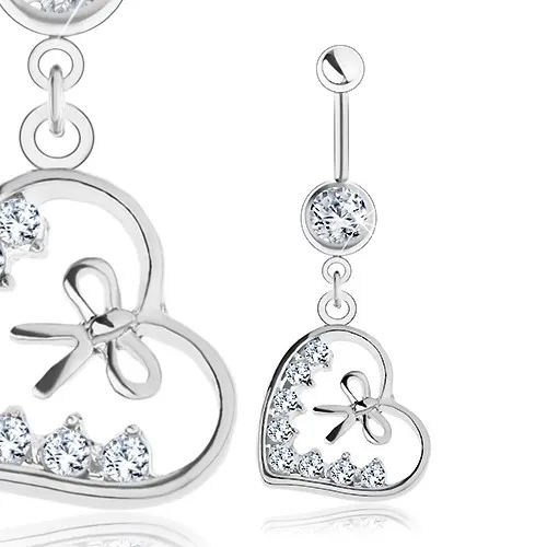 Piercing do brucha, chirurgická oceľ, kontúra srdiečka, mašľa, číre zirkóny