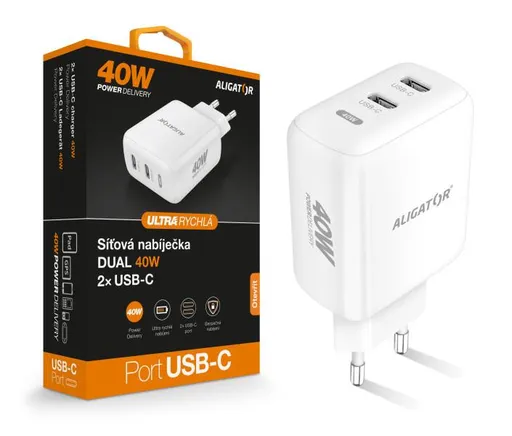 Múdra sieťová nabíjačka ALIGATOR Power Delivery 40W, 2xUSB-C, biela