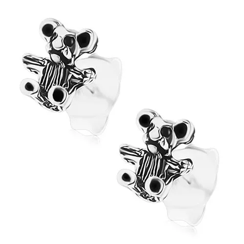 Strieborné puzetové náušnice 925, malý sediaci macko, čierna patina