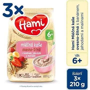 Hami Mliečna kaša Ovseno-ražná s banánom, jahodami a malinami 6 mes.+ 3× 210 g (8590340172410)
