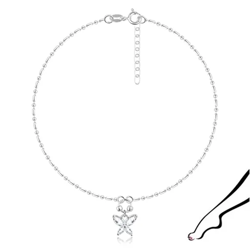 Náramok na členok z 925 striebra - zirkónový motýľ, guličky a valčeky