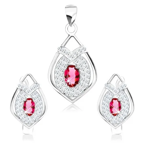 Sada zo striebra 925, náušnice a prívesok, obrys špicatej slzy, ružový zirkón