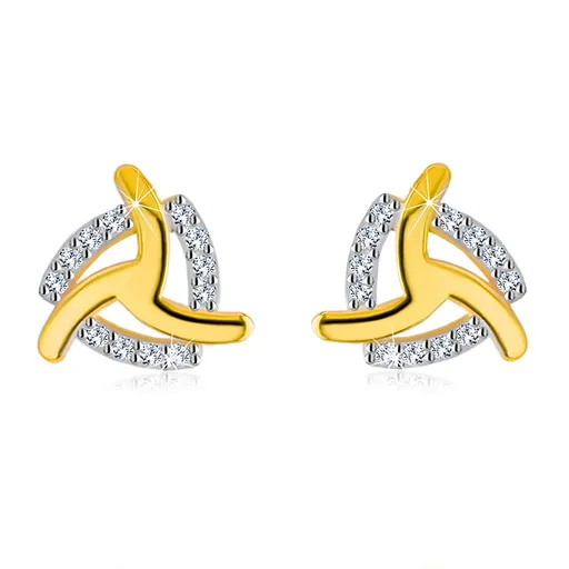 Náušnice zo 14K žltého zlata - tri zahnuté ramená, zirkónová kontúra trojuholníka