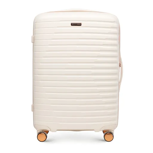 Stredný polykarbonátový kufor s horizontálnymi rebrami, krémový a zlatý 56-3P-612-88G