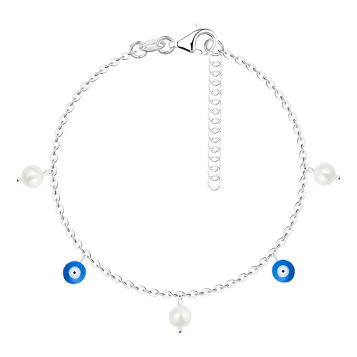 Strieborný 925 náramok - okrúhle prírodné perly, korálky s okom Fatimy