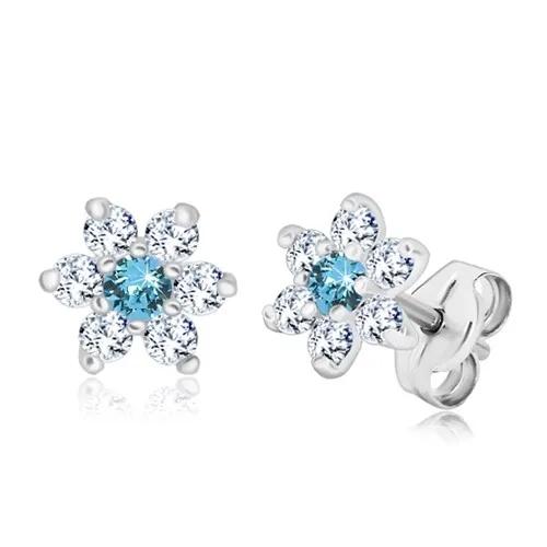 Náušnice zo striebra 925 - žiarivý zirkónový kvet, číra-nebeská modrá, puzetky