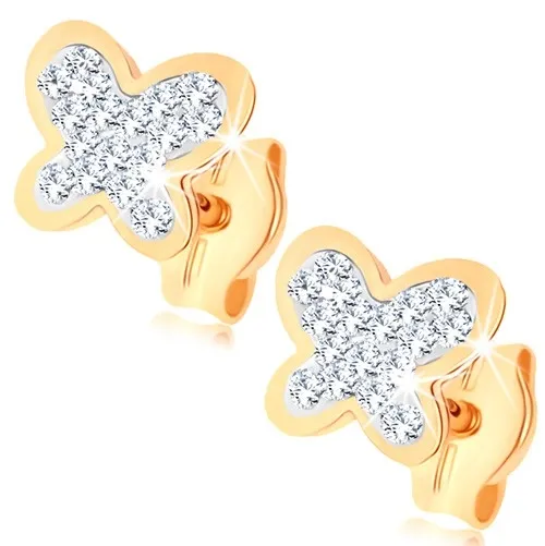 Zlaté náušnice 9K motýľ s čírymi krištáľmi Swarovski