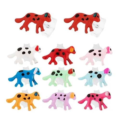 Puzetové náušnice - striebro 925, kráčajúci bodkovaný psík, farebná glazúra - Farba: Červená