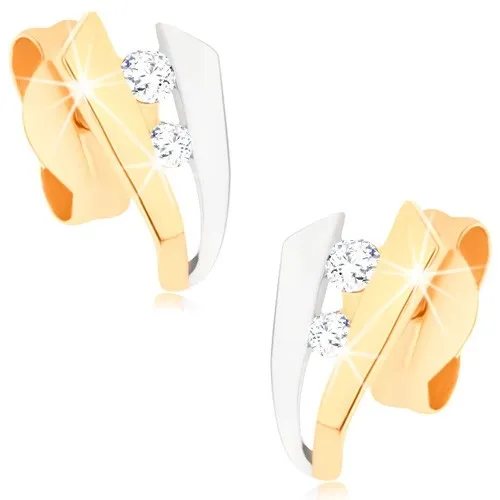 Náušnice 9K v kombinovanom zlate s písmenom "V" a zirkónmi