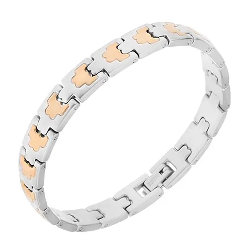 Oceľový náramok, články strieborno-zlatej farby, ornamenty, 8 mm