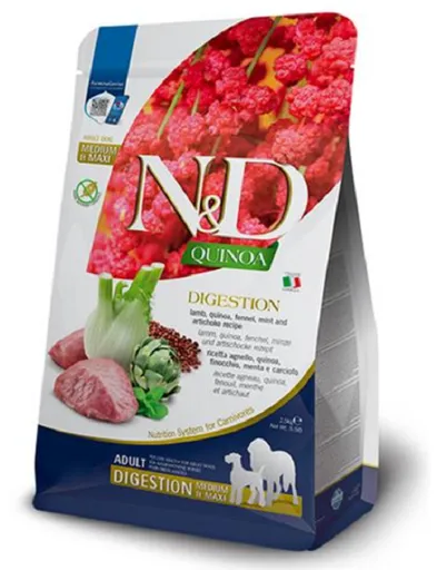 Farmina N&D dog QUINOA (GF) adult medium & maxi, digestion, jahňa a fenykel granule pre psy 2,5kg