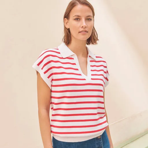 Pruhovaný pulóver s polo golierom a krátkymi rukávmi