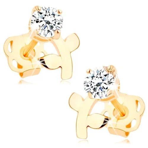 Zlaté náušnice 14K so zirkónovým kvetom a listami