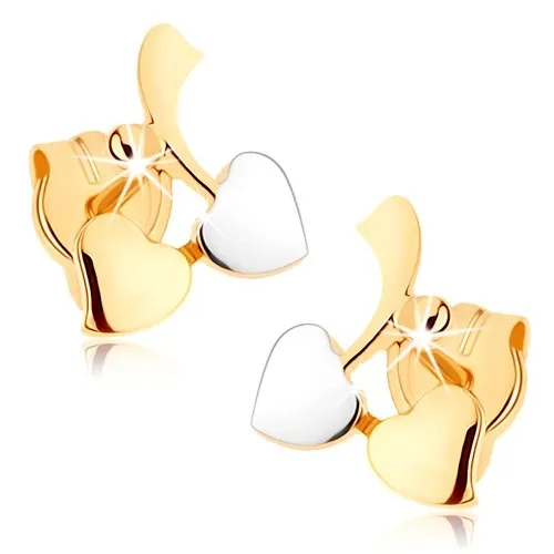 Zlaté náušnice 9K s listami a guľôčkou v dvojfarebnom prevedení