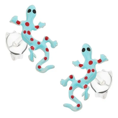 Puzetové náušnice, striebro 925, bodkovaná modro-červená jašterica