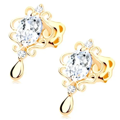Náušnice v žltom 14K zlate - oválny číry zirkón lemovaný ornamentami, slza