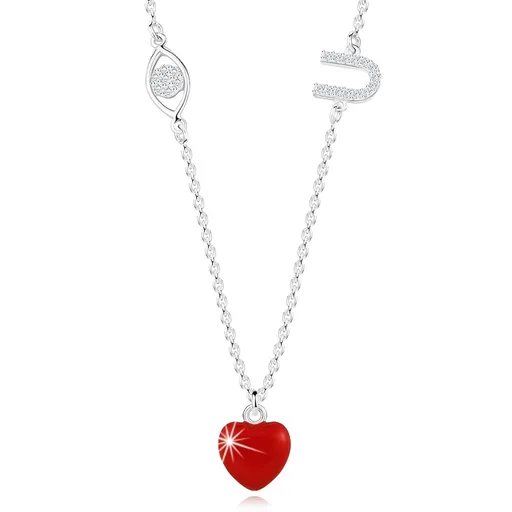 Strieborný 925 náhrdelník - ochranné oko, červené srdce, písmeno "U", číre zirkóny