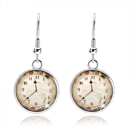 Náušnice, štýl kabošon, priesvitná glazúra, obrázok hodiniek, farebné kvety